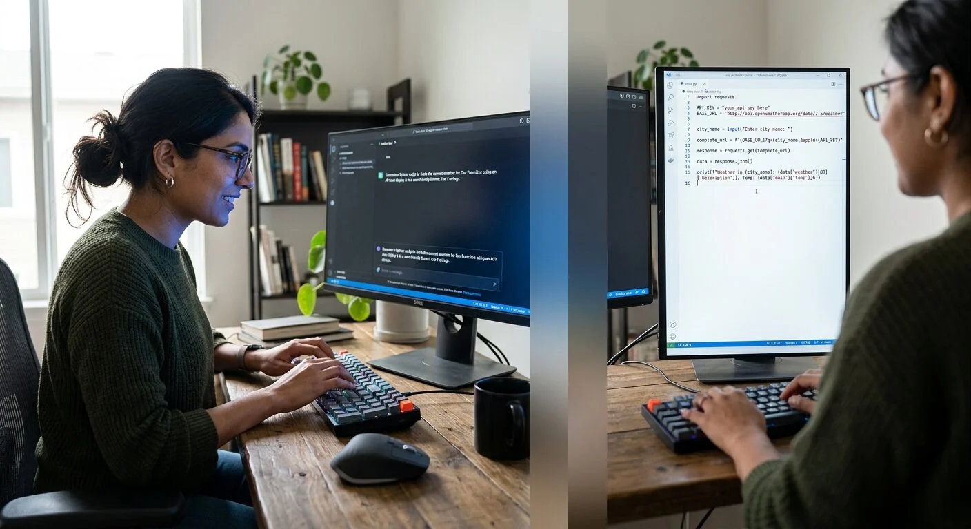 A split-screen illustration showing a developer typing a prompt on the left and clean generated code appearing on the right
