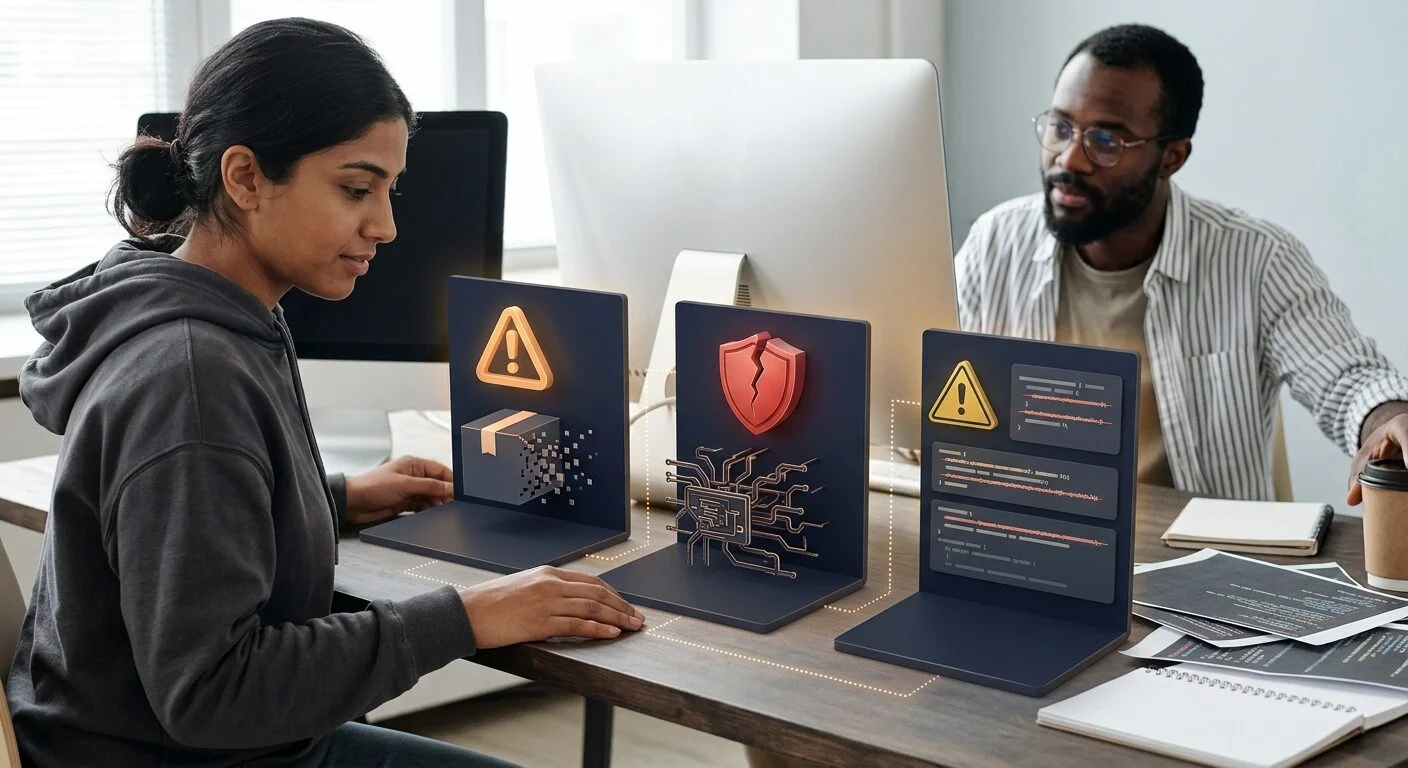 An infographic showing common AI code failure points: hallucinated libraries, security vulnerabilities, and outdated syntax, each with a warning icon