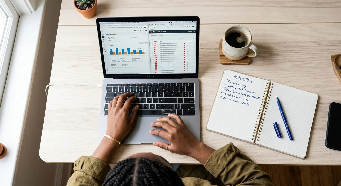 A split-screen or flat-lay image showing a laptop with a website analytics dashboard or broken link checker tool open, alongside a notepad with a to-do checklist