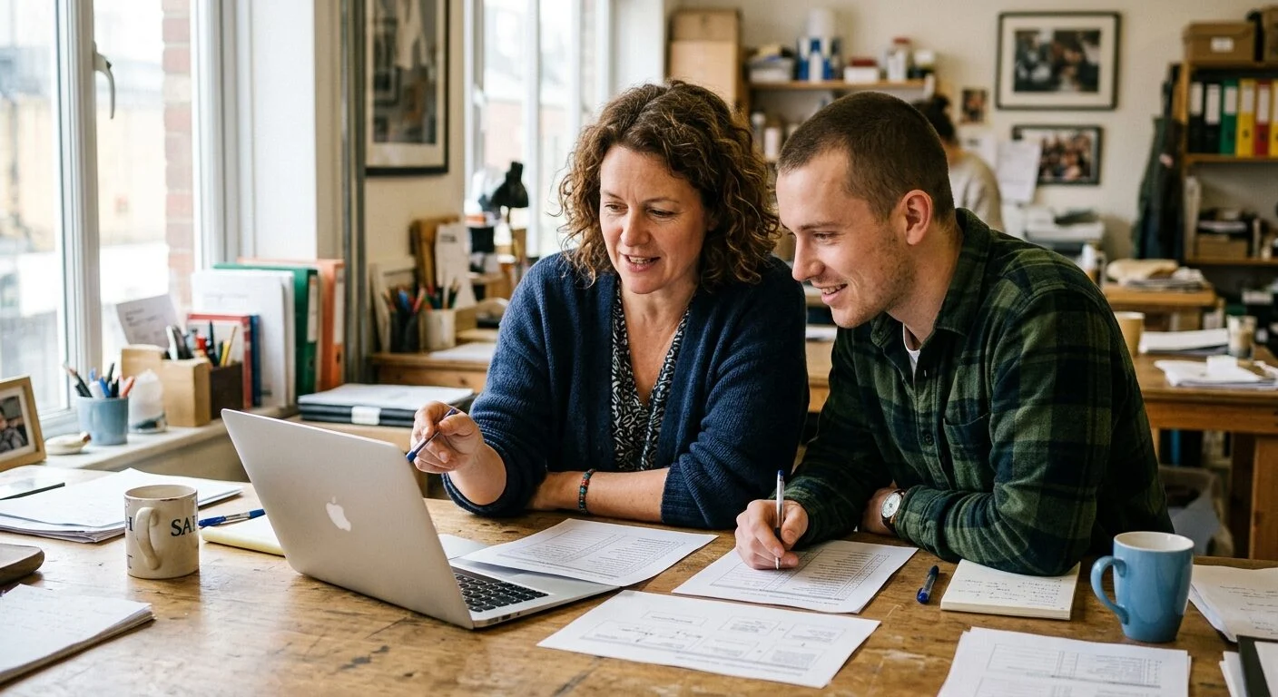 A warm, candid photo of a small business owner or manager sitting with one or two team members reviewing printed or digital process documents together at a table