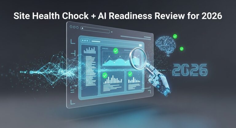 Futuristic dashboard displaying website health metrics and AI integration status with glowing data visualizations
