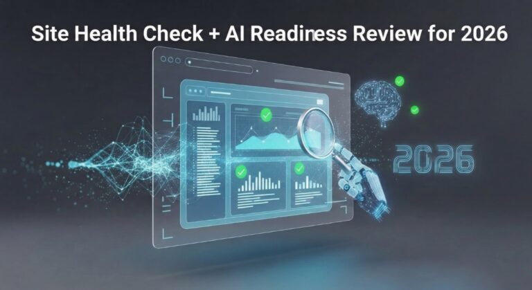 Futuristic dashboard displaying website health metrics and AI integration status with glowing data visualizations