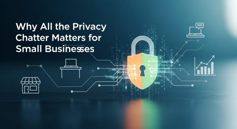 Small business owner reviewing privacy compliance documents with digital lock icons and data protection symbols